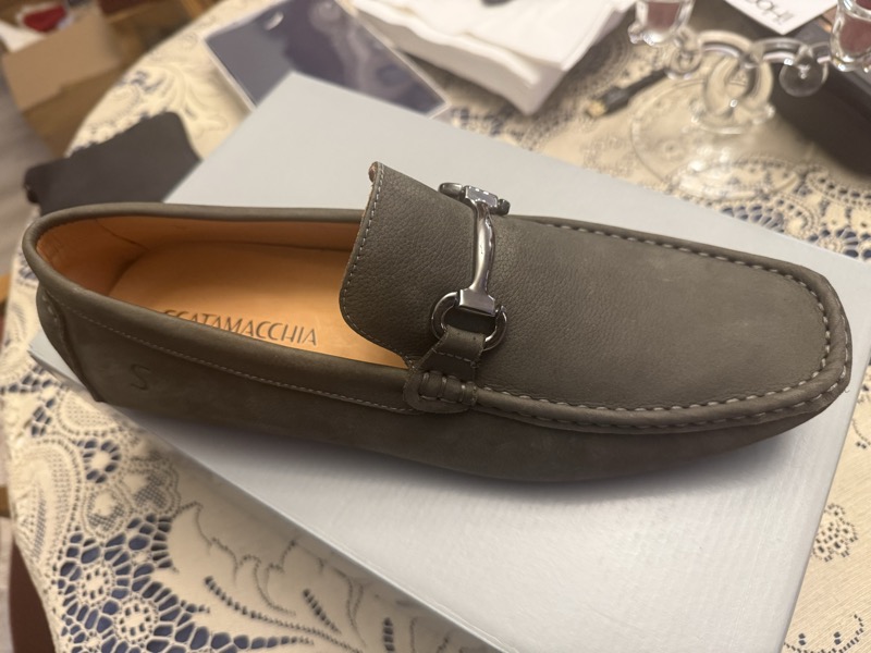 Grey leather loafer with silver hardware
